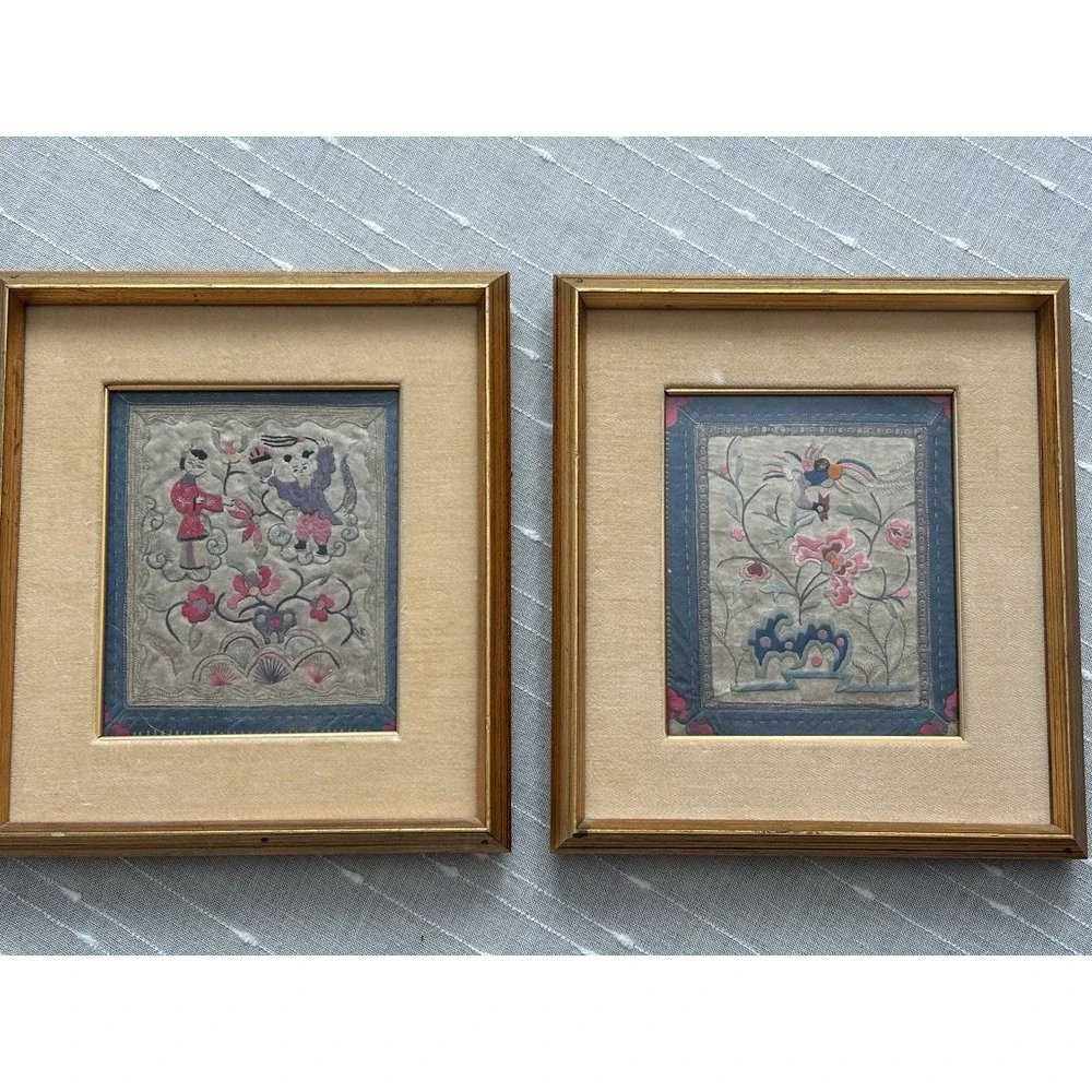 Set Of 2 Antique Beautiful Chinese Silk Embroidered Wall Art 9.5